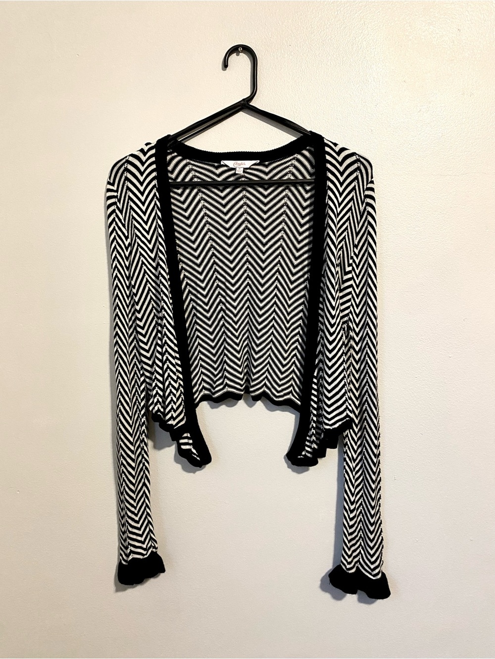 Candie's Black & White Chevron Ruffle Sleeve Crop Cardigan
